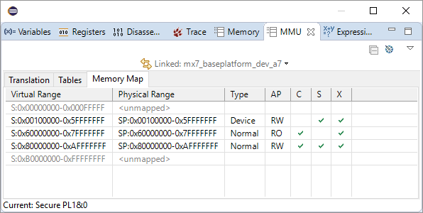 Screenshot of the DS-5 MMU view of the i.MX7 memory map showing that the first 16 MiB of memory is not accessible.