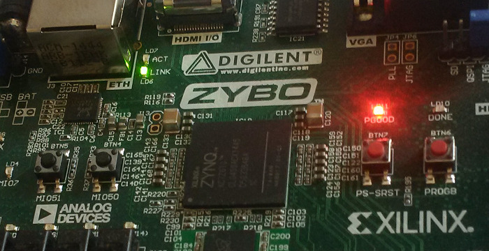 Close up view of the Digilent Zybo development board showing the Xilinx Zynq-7000 SoC.