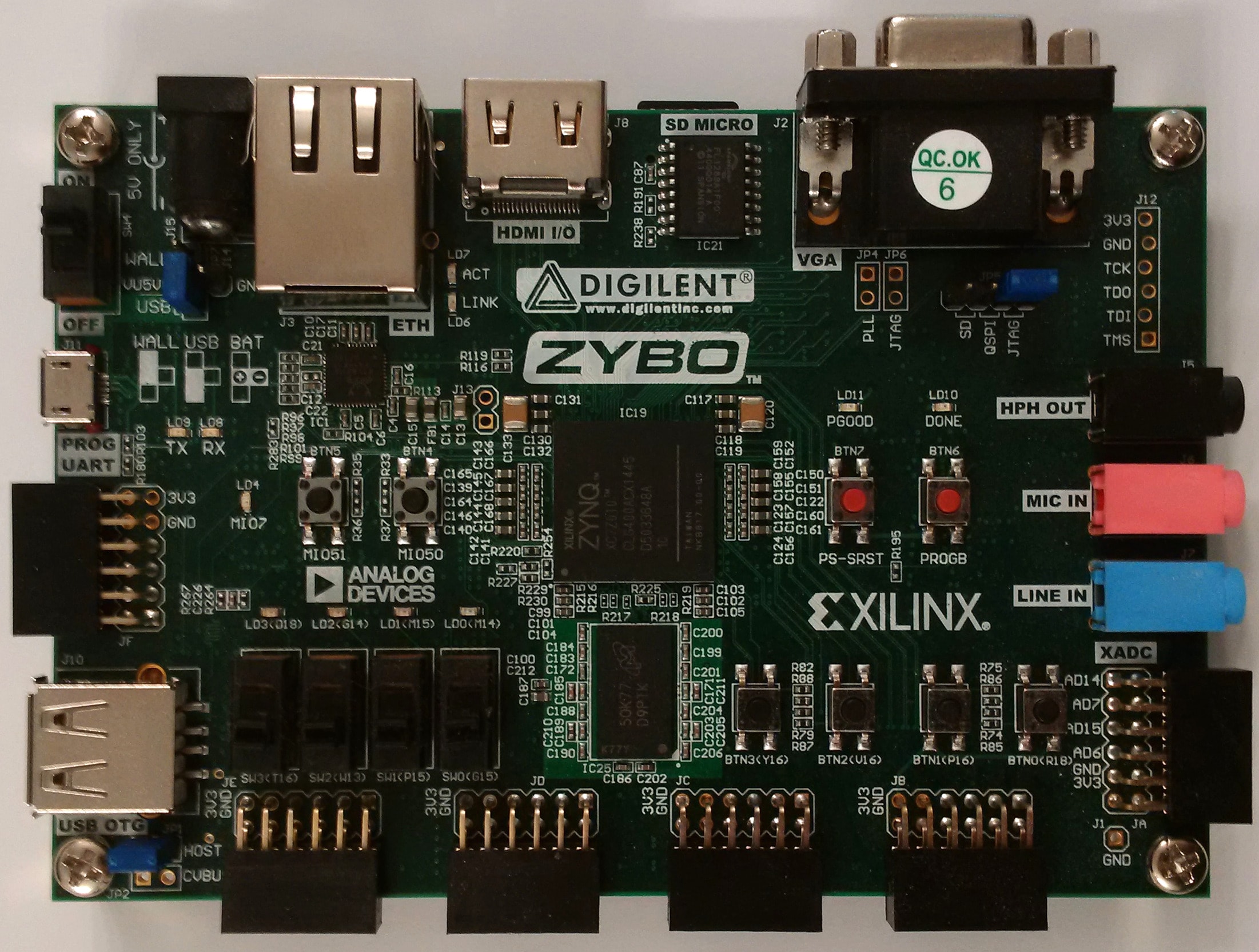 Digilent ZYBO development board with the Xilinx Zynq-7000 system on chip and FPGA.