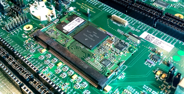 Close-up view of Toradex Colibri iMX7 in evaluation board.