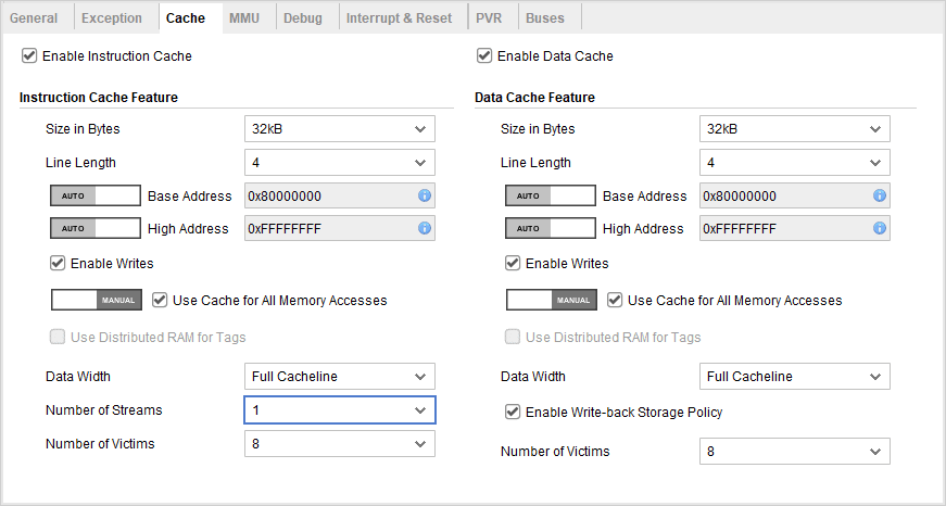 MicroBlaze Cache Configuration Panel with advanced options displayed. Used to configure the size and features of the instruction and data caches.