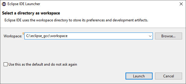 Eclipse workspace selection dialog with text box and browse button to select a workspace directory. Additionally an optional checkbox is available to set the currently selected workspace as the default.