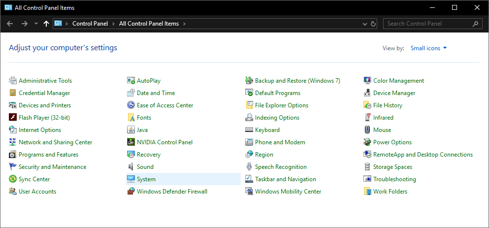 Windows 10 control panel using small icons with the System icon highlighted.