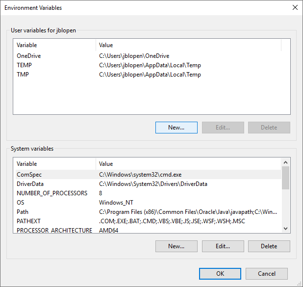 Windows environment variables configuration panel with "New" button highlighted.