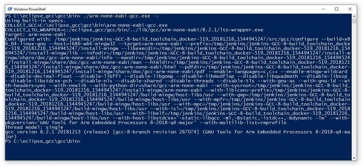 Terminal output within PowerShell of the GCC version information used for testing the GCC installation.