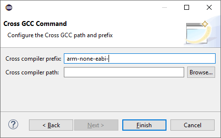 Cross gcc command path and prefix with empty path and "arm-none-eabi-" set as the compiler prefix.