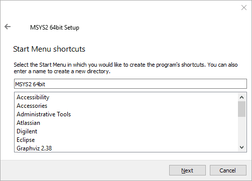 MSYS2 windows start menu shortcut selection dialog.