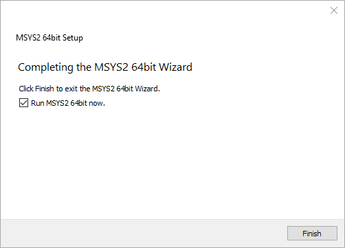 Installation completed screen with an optional checkbox to start MSYS2 after exiting the installation wizard.