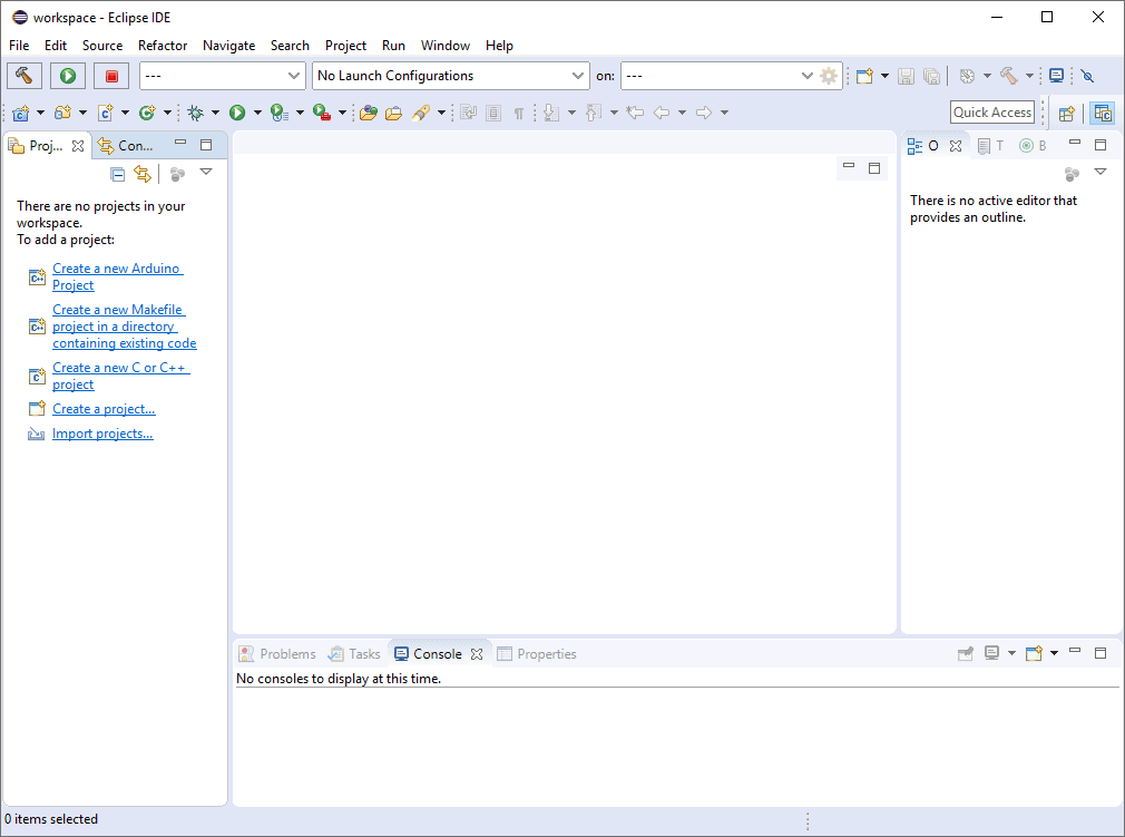 Eclipse IDE with an empty workspace open.