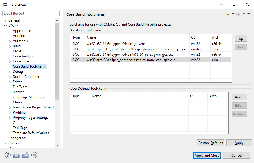 Eclipses "Core Build Toolchains" preferences panel. The top window shows a selection of detected toolchains reachable through the system's PATH variable while the bottom lists user defined toolchains.