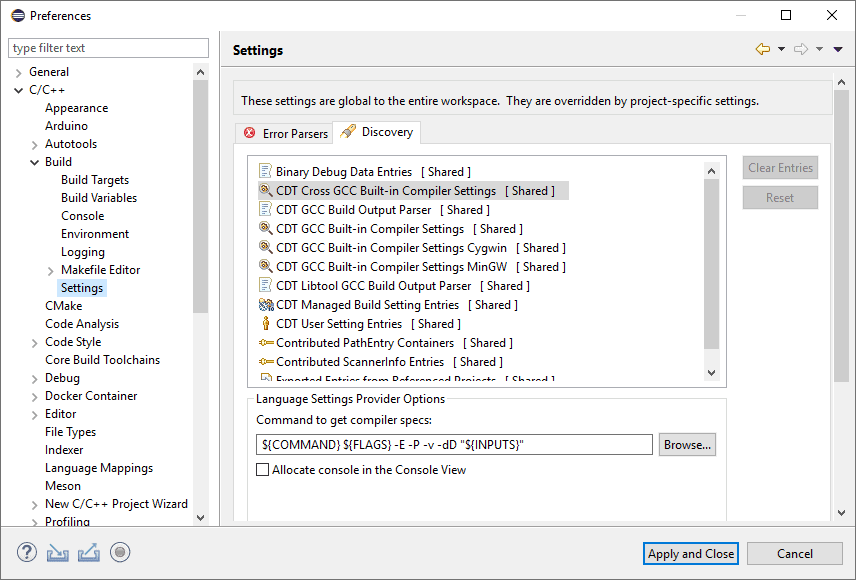 Eclipse build discovery configuration panel with "CDT Cross GCC Built-in Compiler Settings" highlighted.