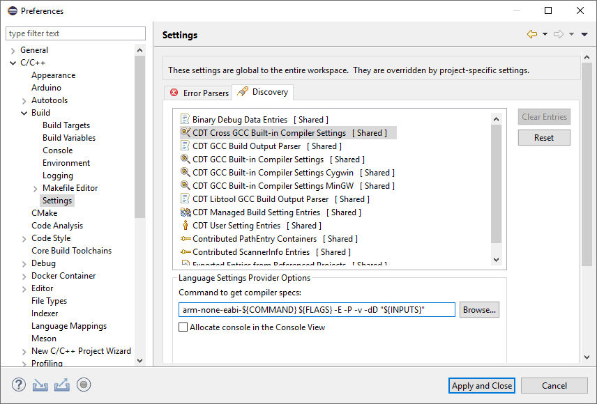 Eclipse build discovery configuration panel with "CDT Cross GCC Built-in Compiler Settings" highlighted and the modified "Command to get compiler specs:" field.
