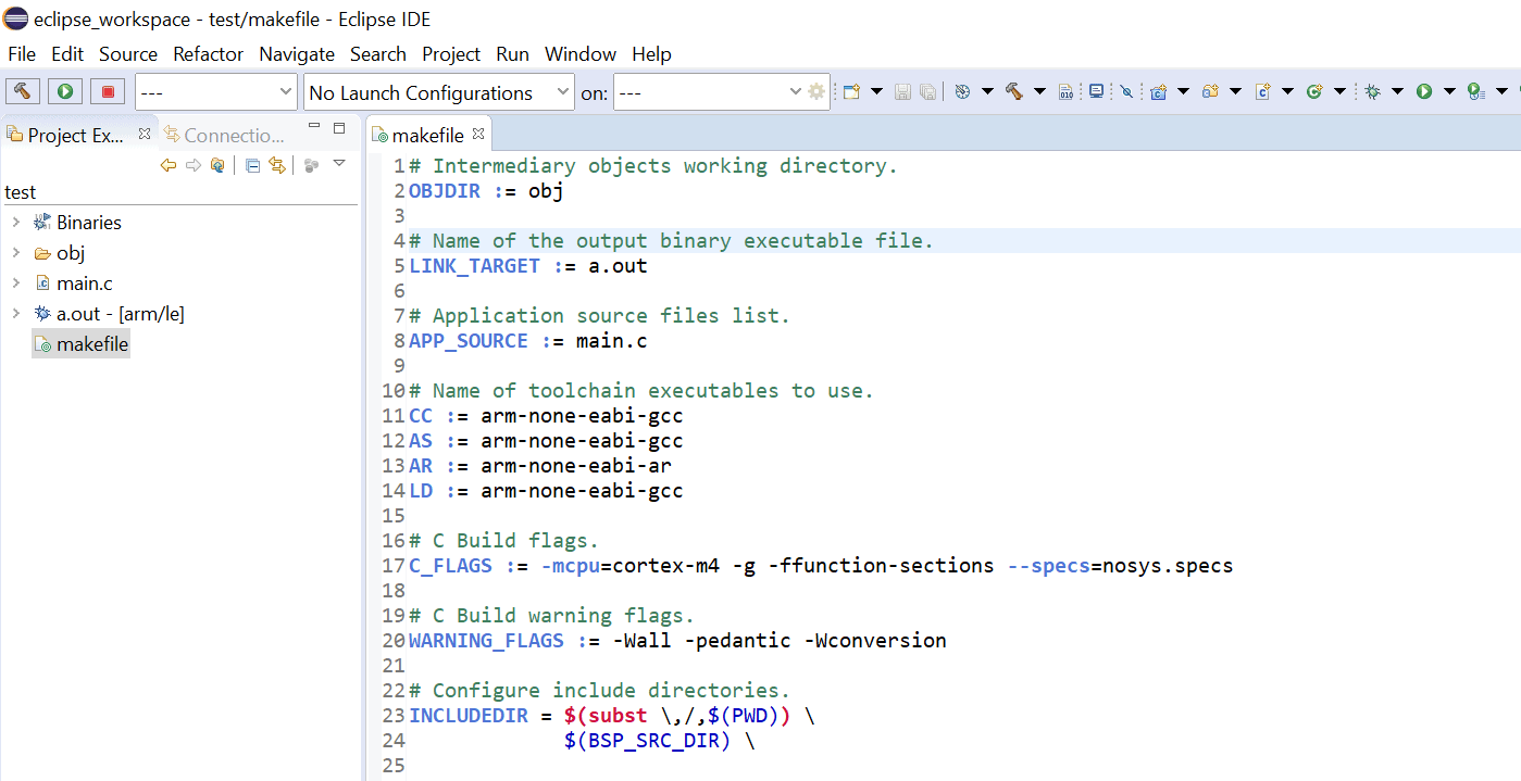 Close up screenshot of the Eclipse IDE editor with a custom Makefile displayed.