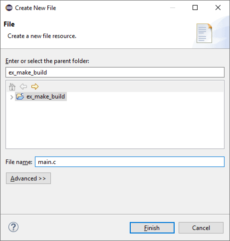 Eclipse create new file dialog with text box and project tree available to set the location of the new file and another text box at the bottom to set the name.