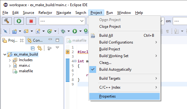 Project menu with the "Properties" item highlighted.