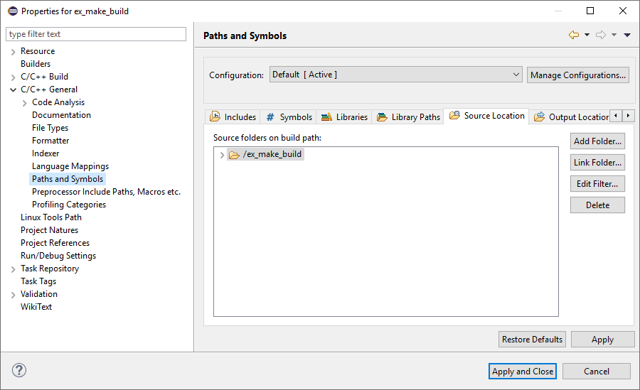 Eclipse project's "Source Location" sub-pane of the "Path and Symbols" configuration panel.