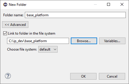 Link folder dialog with text box to select the name of the linked folder and checkbox to select a folder from the file system. If checked a text box and browse button is available to select a directory from the file system.