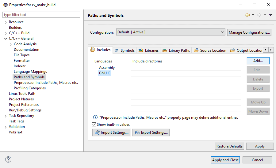 Eclipse project's "Includes" sub-pane of the "Path and Symbols" configuration panel.