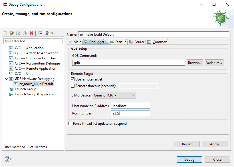 Screenshot of the Eclipse debugger tab of the Debug Configurations panel.