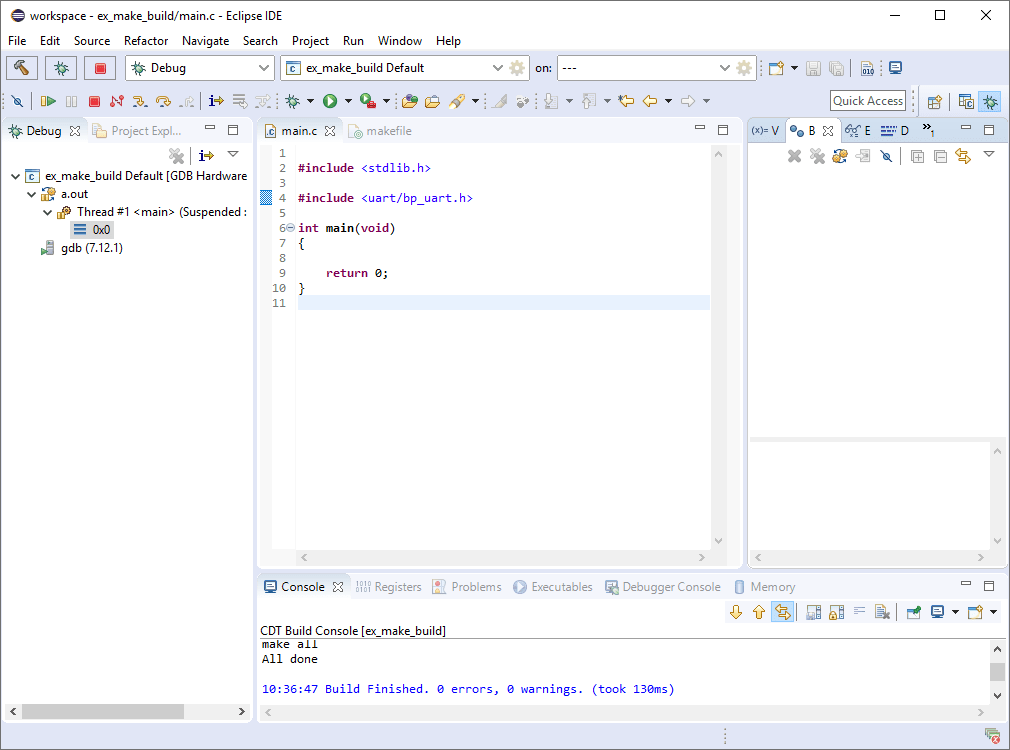 Screenshot of a freshly started Eclipse debug session.