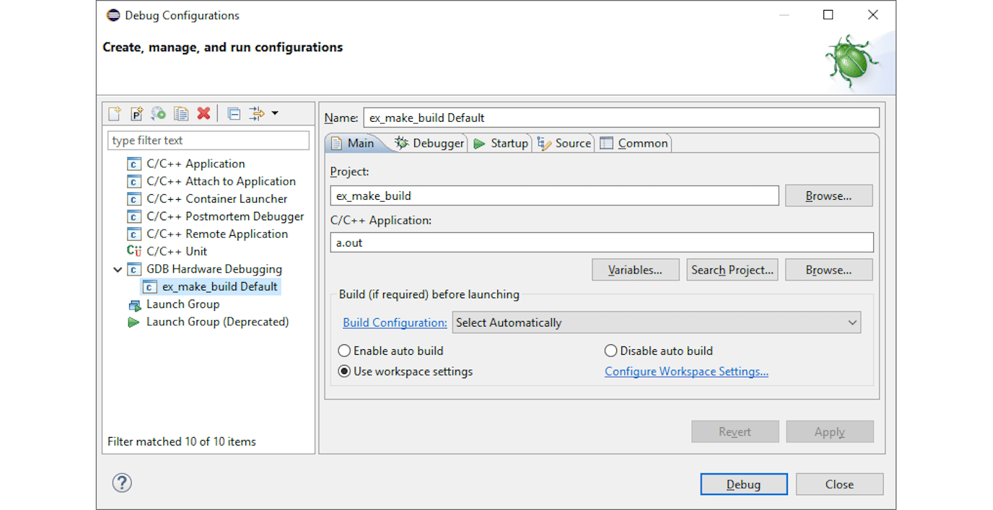 Screenshot of the Eclipse CDT debug configuration panel.