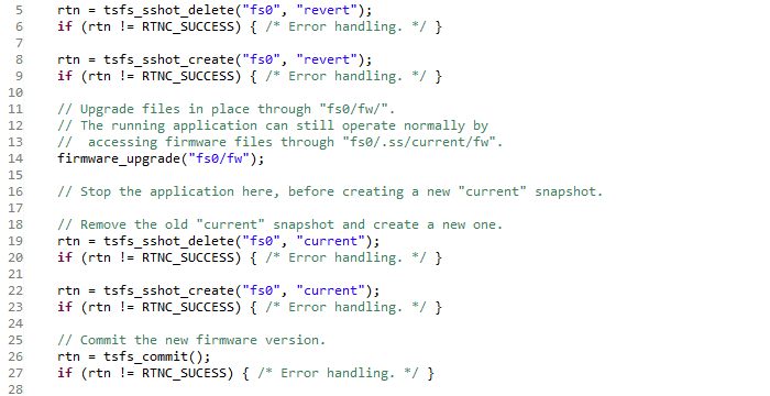 Code example of implementing a firmware upgrade procedure using TSFS snapshot and revert features.