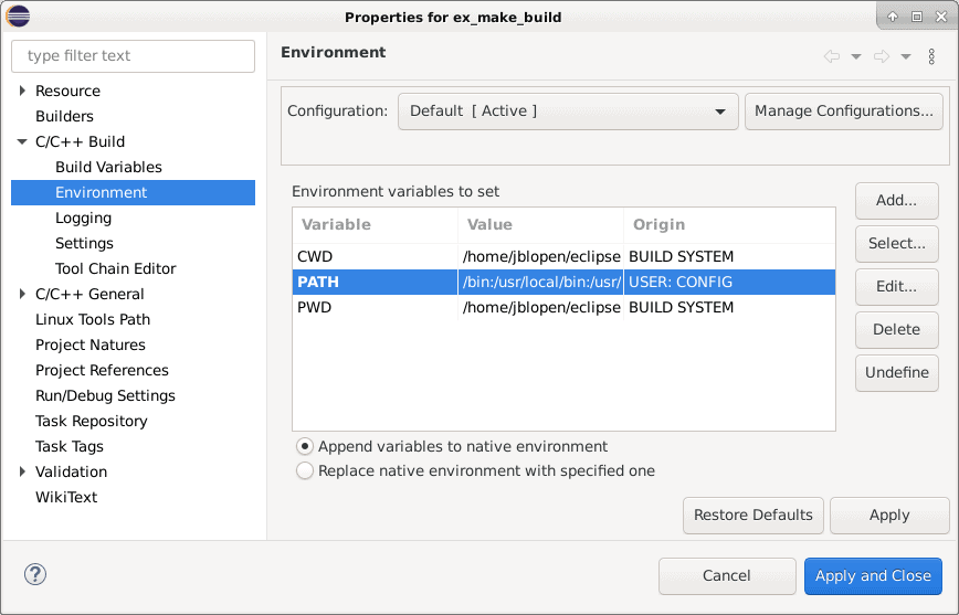 Eclipse project specific environment variable configuration panel with the edited PATH variable highlighted.