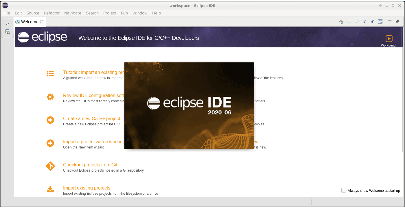 Screenshot of the Eclipse IDE splash screen with an empty Eclipse workspace in the background.