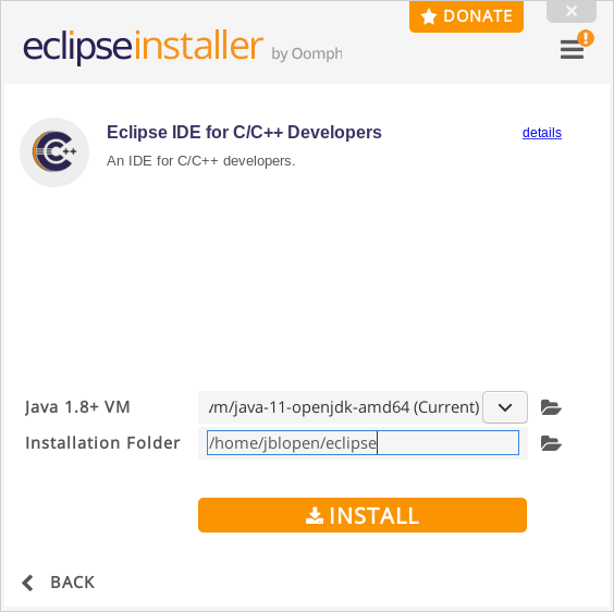 Eclipse installer JVM and installation directory selection dialog.