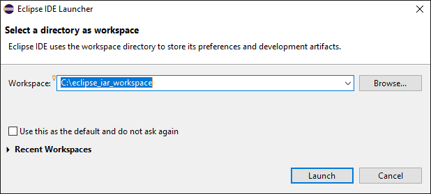 Workspace selection prompt with text box and browse button to select the workspace to create or open. Optional checkbox is displayed to set the selected directory as the default.