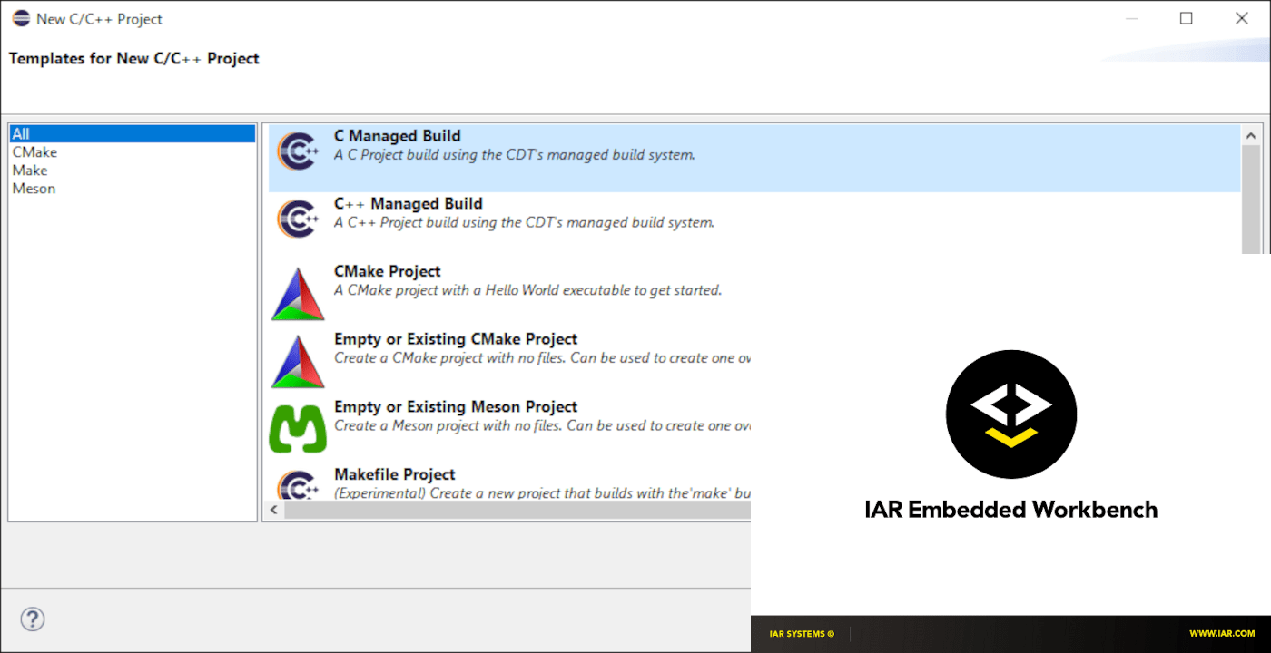 Screenshot of the Eclipse IDE new project dialog with the IAR Embedded Workbench splash screen in the foreground.