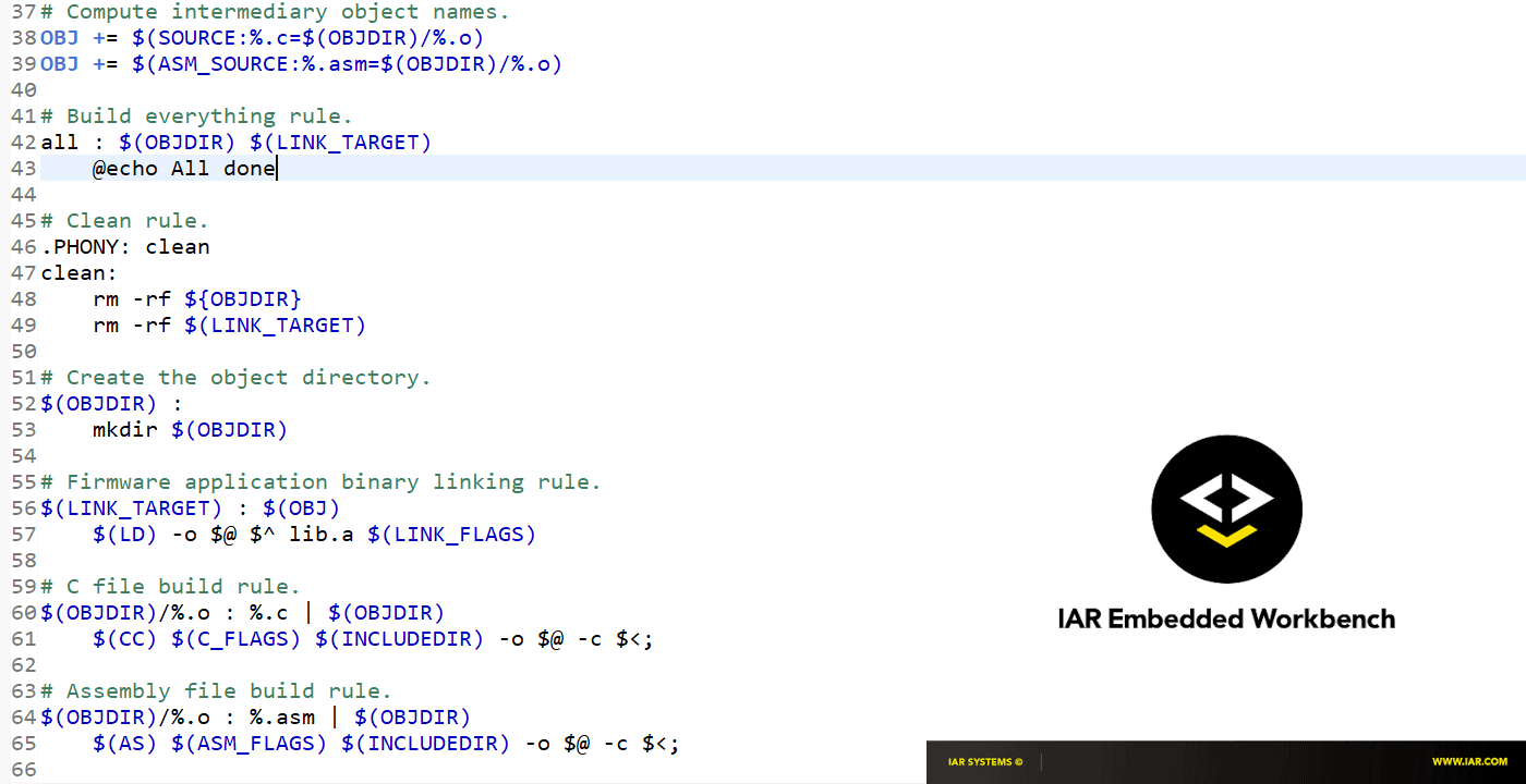 A portion of a Makefile with the IAR Embedded Workbench splash screen in the foreground.