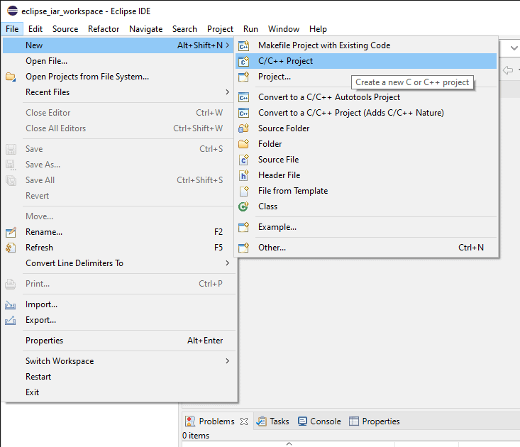 Eclipse "File" menu with the "New C/C++ Project" menu item highlighted.
