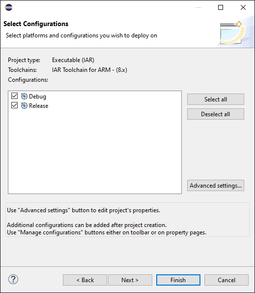 New project build configuration panel with the default "Debug" and "Release" configurations displayed.