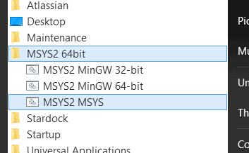 MSYS 2 start menu folder with "MSYS2 MSYS" item highlighted.