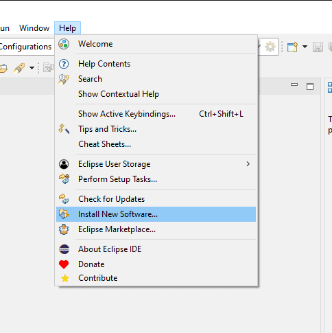 Screenshot of Eclipse with the "Install New Software" menu item available from the Help menu highlighted.