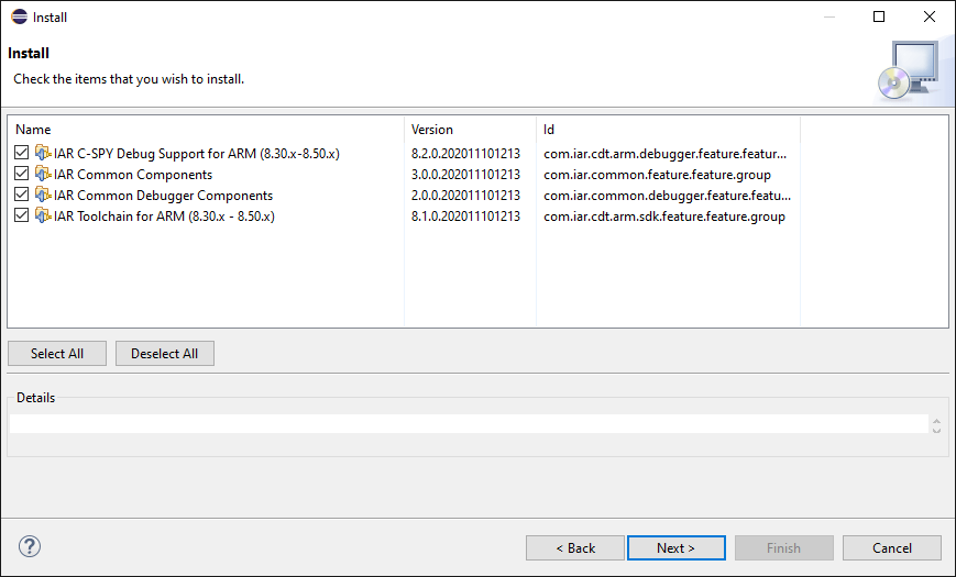 IAR plugin components selection dialog with list of components available to install.