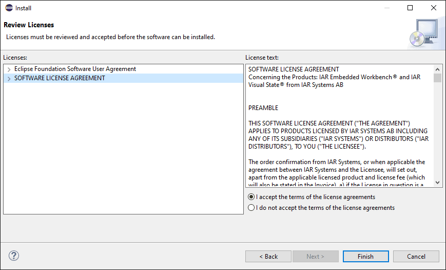 License agreement screen for the components to be installed with checkboxes to accept or refuse the agreement.