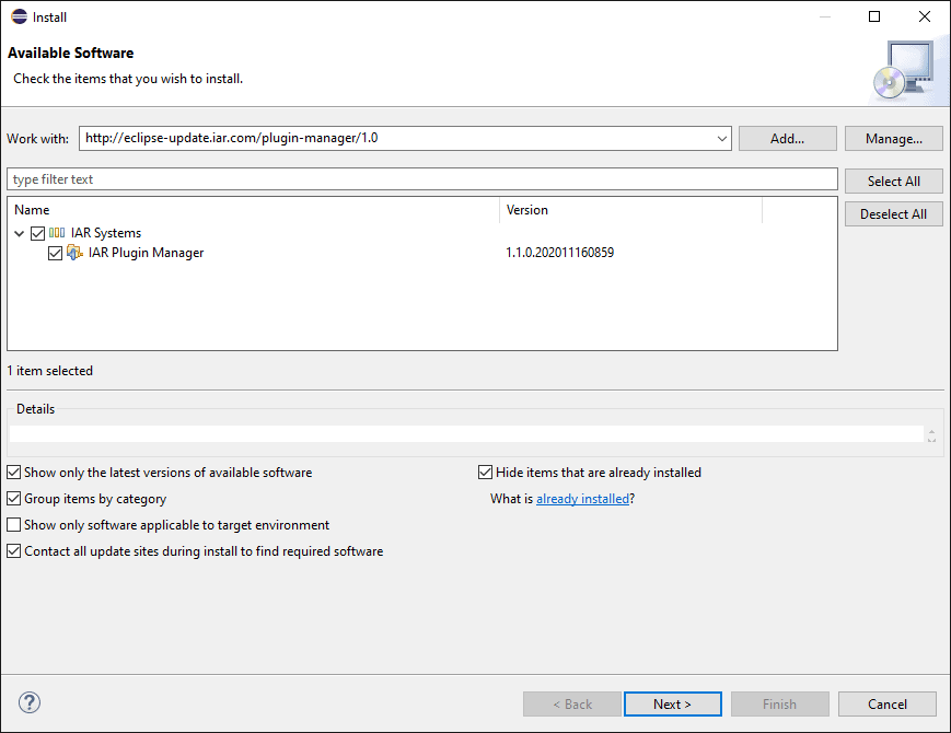 Install new software panel with IAR Plugin Manager selected for installation.