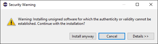 Plugin security warning modal dialog with option to cancel the installation or install anyway.