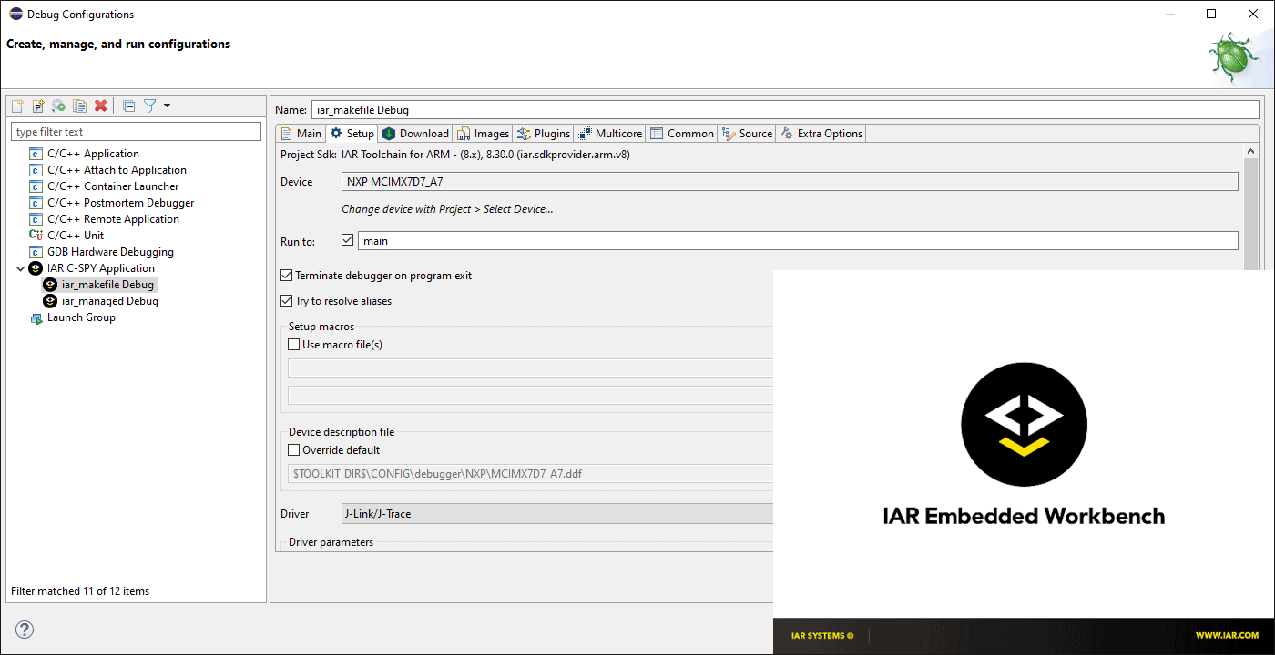 IAR Eclipse C-SPY Debug Configuration panel with the IAR Embedded Workbench splash screen in the foreground.