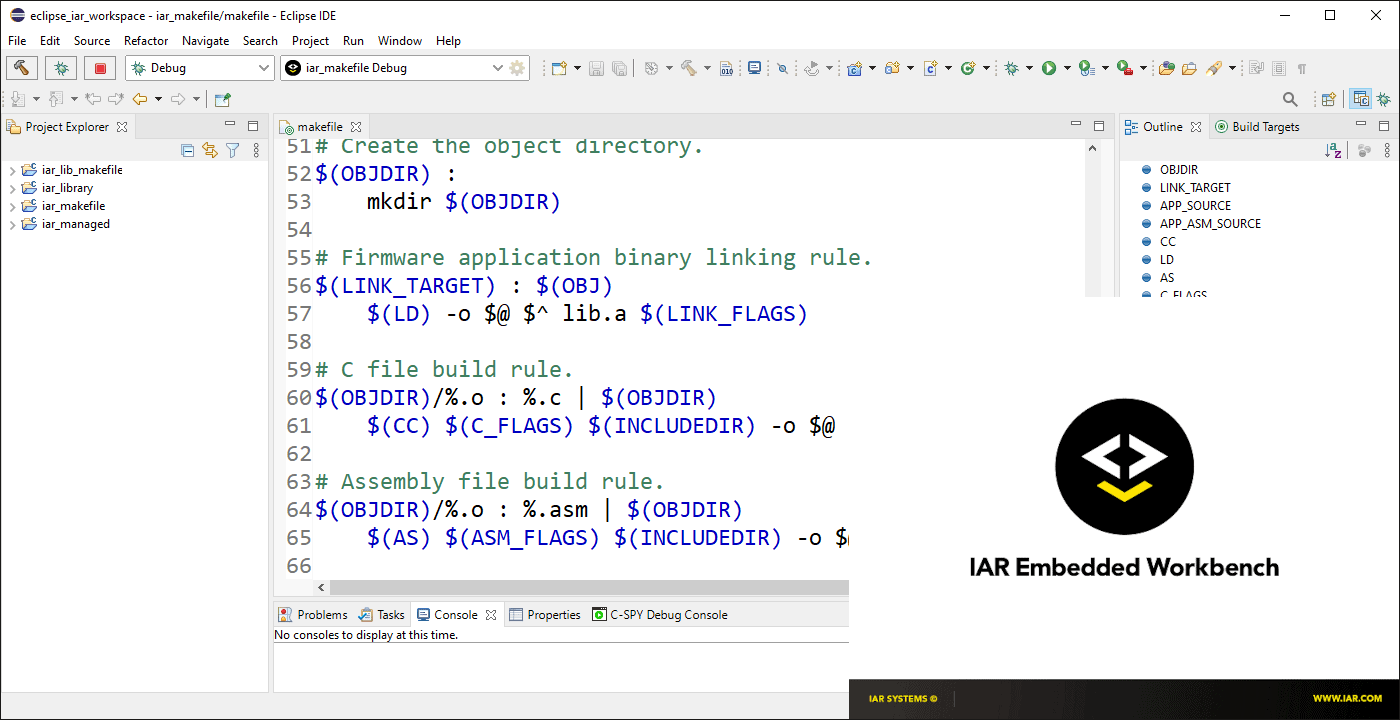 Eclipse IDE with Makefile open and the IAR splash screen in the foreground.