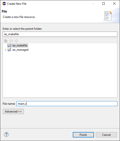 "Create New File" dialog with a project tree to select the location of the new file to create and a textbox to set the name of the file to create.