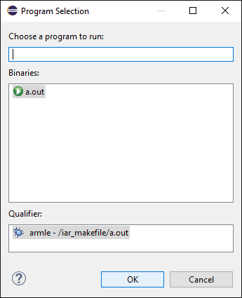 Debug Program Selection dialog with a list of compatible binary found.