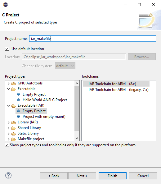 New C project name and type dialog. The top text box is used to set the project name while an optional text box with browse button is used to set the project directory. A checkbox is available to use the default directory. On the bottom two selection boxes shows on the right the category of supported project types and on the right the compatible toolchains. The "Empty Project" type from the "Executable (IAR)" category is highlighted on the left while on the right the "IAR Toolchain for ARM- (8.x) toolchain is selected.