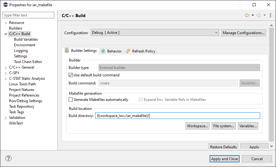 "Builder Settings" configuration panel from the project C/C++ build settings category.