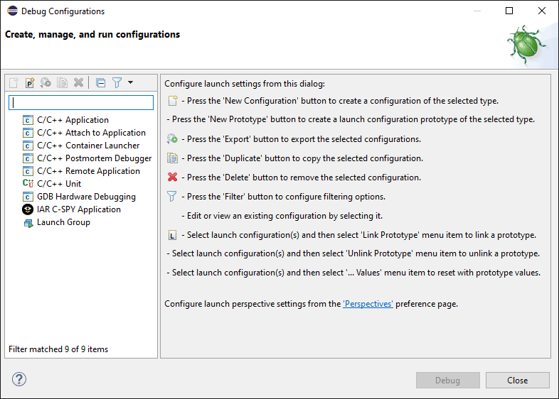 Eclipse CDT "Debug Configurations" window with on the left a list of supported configuration types.
